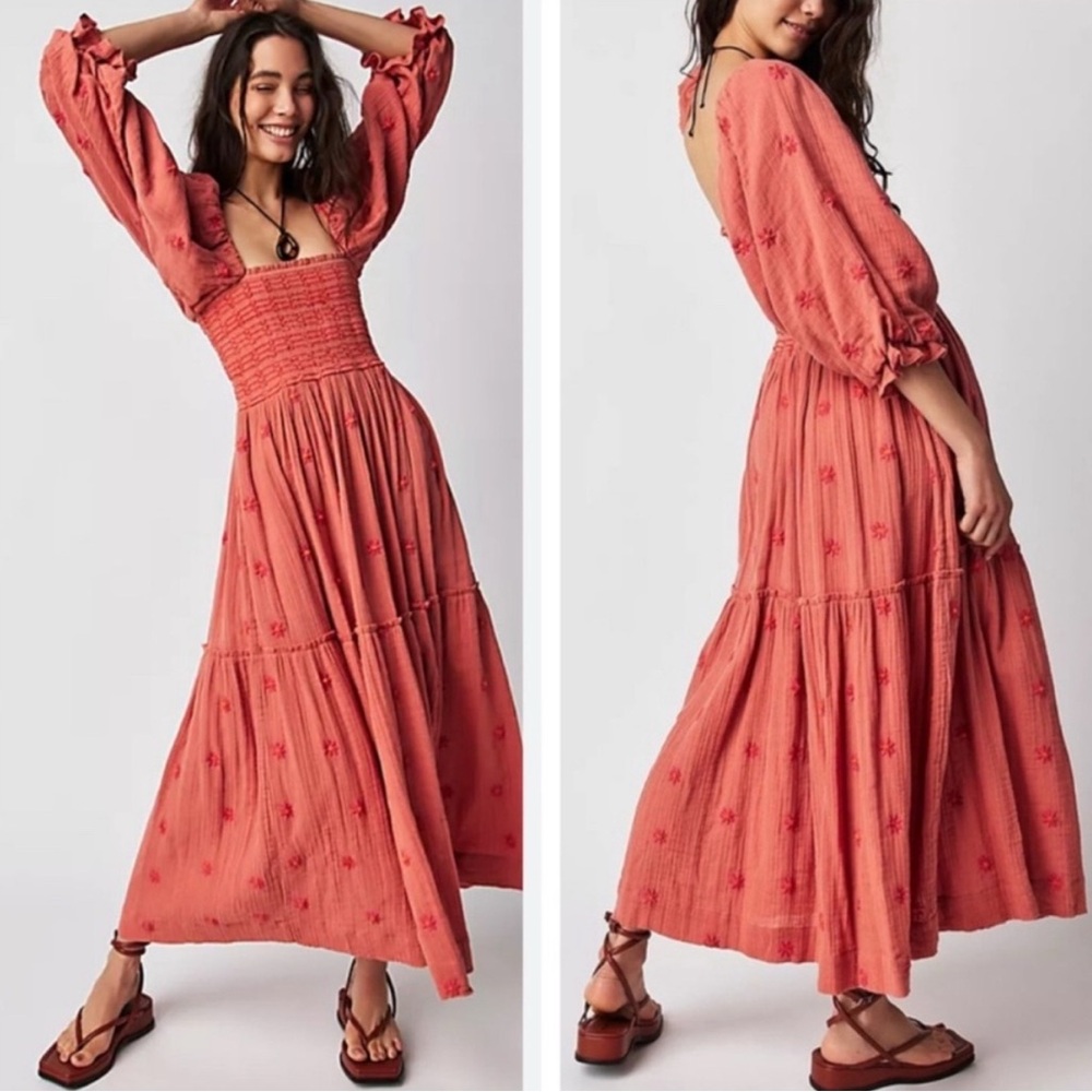 Free People Dahlia Embroidered Maxi Dress in Melon Combo NEW